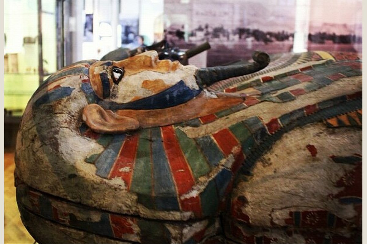 Full-length inner coffin of Khnum-nakht displayed in a museum