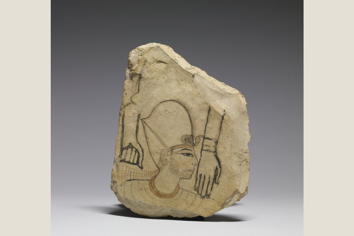 Painted royal head on an ancient Egyptian ostracon